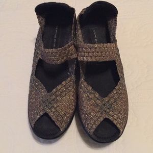 Goldtone mesh sandals.